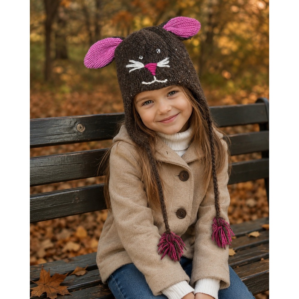 Unbranded Bunny Earflap Hat Kids One Size Brown Pink Wool Fleece Lined Nepal